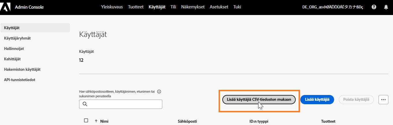 Lisää käyttäjiä CSV-tiedoston avulla