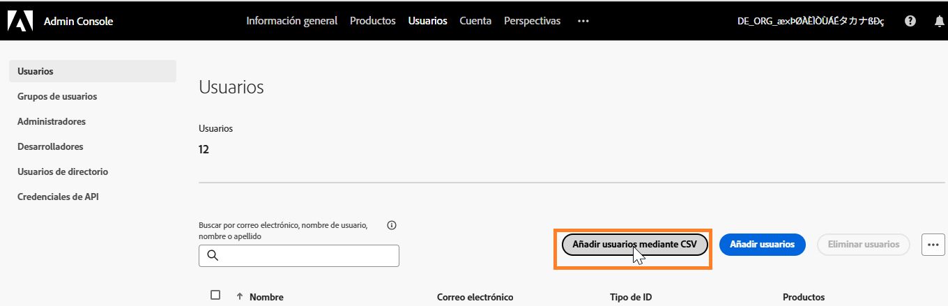 Añadir usuarios mediante CSV