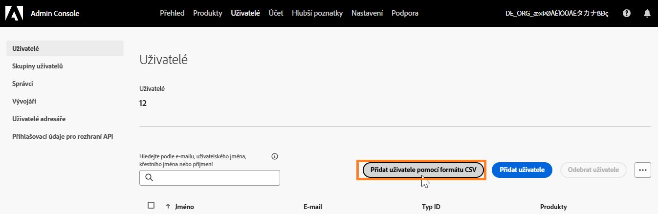Přidání uživatelů pomocí souboru CSV
