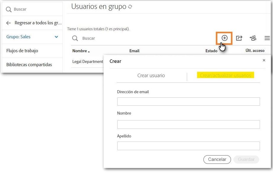 La interfaz Configuración de usuario con el icono Añadir usuario resaltado y la interfaz Crear mostrando los nuevos campos de entrada de usuarios