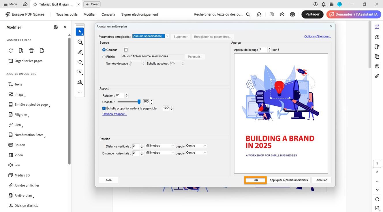 Boîte de dialogue Ajouter un arrière-plan ouverte avec des options permettant de définir la source, l’aspect et la position. Le bouton OK est mis en évidence pour confirmation.