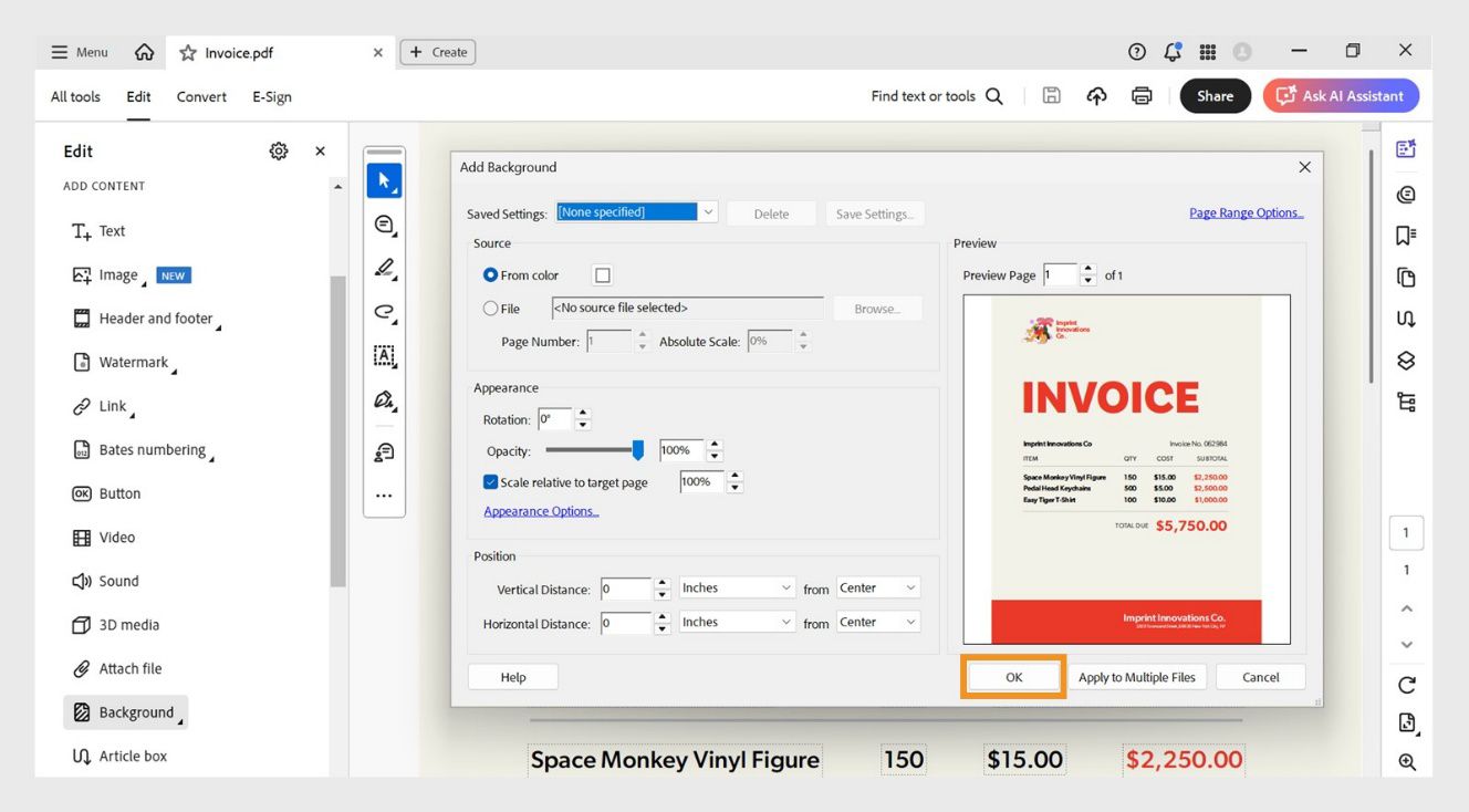 Bukas ang Add Background na dialog box na may mga opsyon para itakda ang source, appearance, at position, at naka-highlight ang OK button para sa kumpirmasyon.