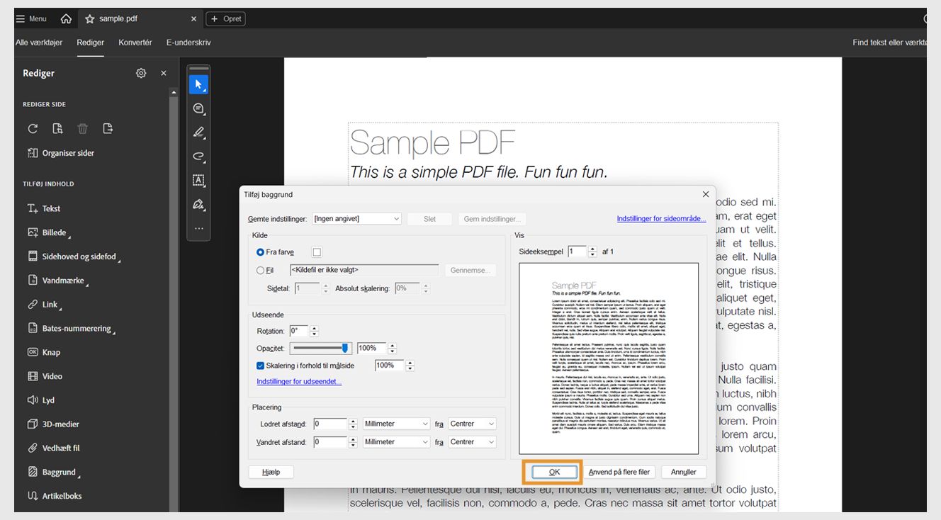 Dialogboksen Tilføj baggrund er åben med indstillinger for kilde, udseende og position, mens knappen OK er fremhævet til bekræftelse.