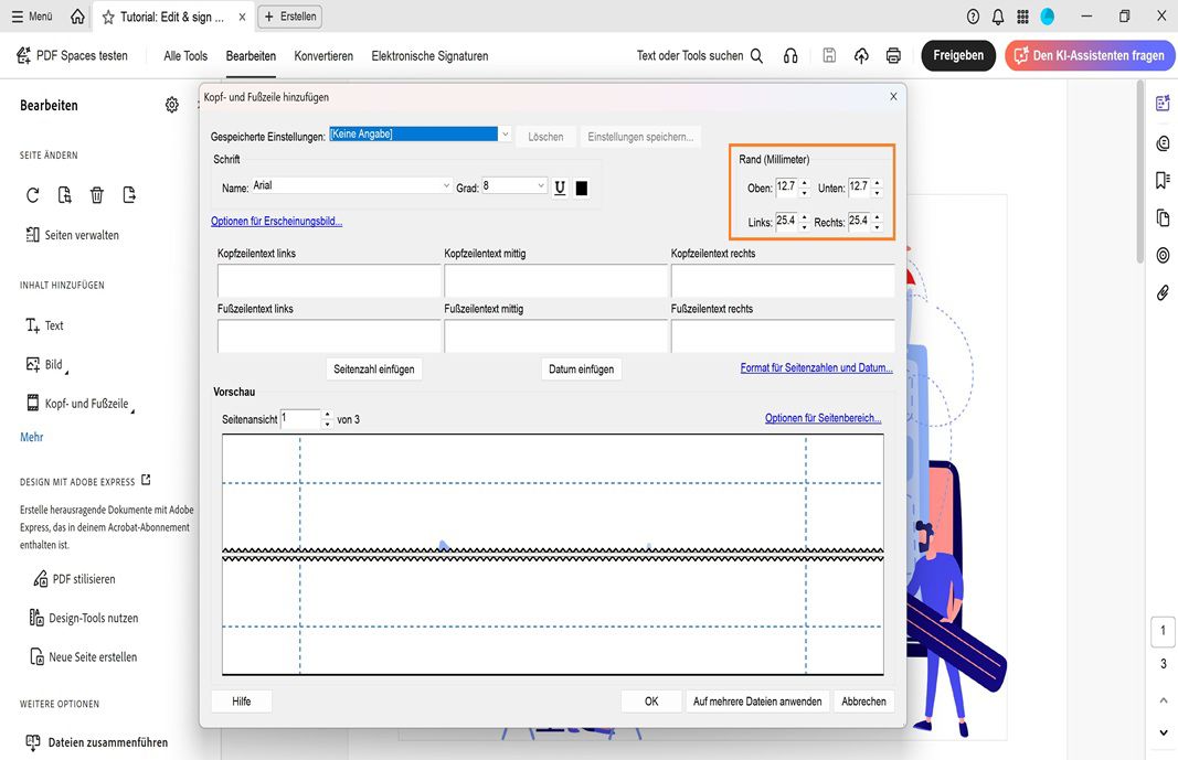Das Dialogfeld „Kopf- und Fußzeile hinzufügen“ zeigt Felder für Kopf- und Fußzeilentext, Formatierungsoptionen und eine Echtzeitansicht auf iOS/Android des Seitenlayouts.
