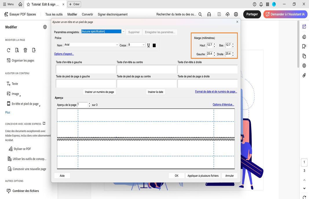 La boîte de dialogue Ajouter un en-tête et un pied de page affiche les champs pour le texte d'en-tête et de pied de page, les options de mise en forme et un aperçu en direct de la mise en page.