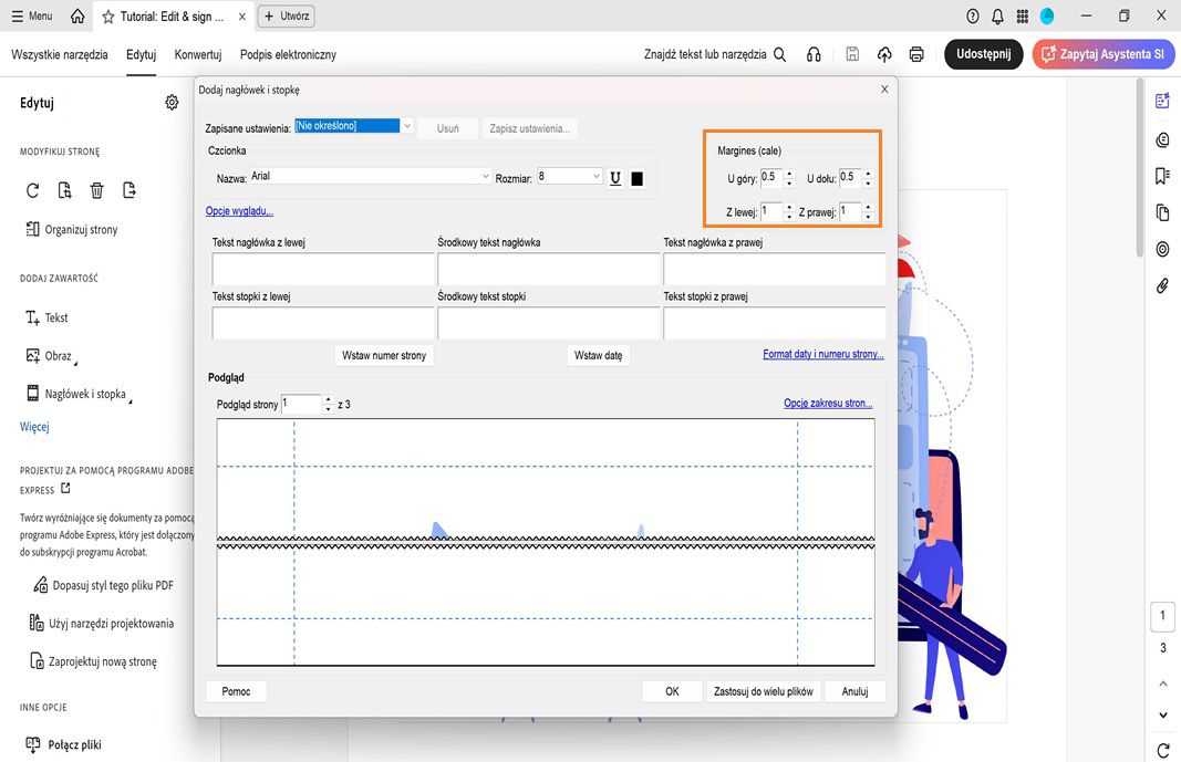 Okno dialogowe Dodawanie nagłówków i stopek z polami na tekst nagłówka i stopki, opcjami formatowania oraz podglądem układu strony na żywo.