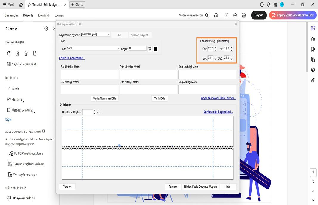 Üstbilgi ve altbilgi metni için alanları, biçimlendirme seçeneklerini ve sayfa düzeninin canlı önizlemesini gösteren Üstbilgi ve Altbilgi Ekle iletişim kutusu.