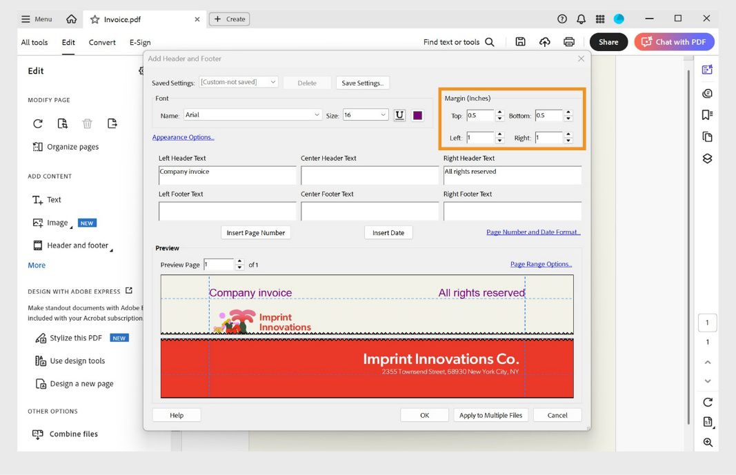 תיבת הדו-שיח Add Header and Footer מציגה שדות לטקסט של כותרת עליונה ותחתונה, אפשרויות עיצוב ותצוגה מקדימה חיה של פריסת העמוד.