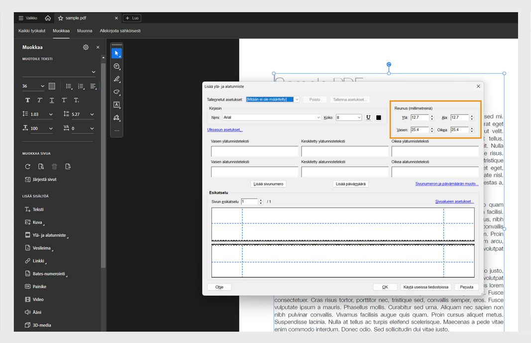 Lisää ylä- ja alatunniste -valintaikkuna, jossa näkyvät kentät ylä- ja alatunnistetekstille, muotoiluvaihtoehdot ja reaaliaikainen esikatselu sivun asettelusta.