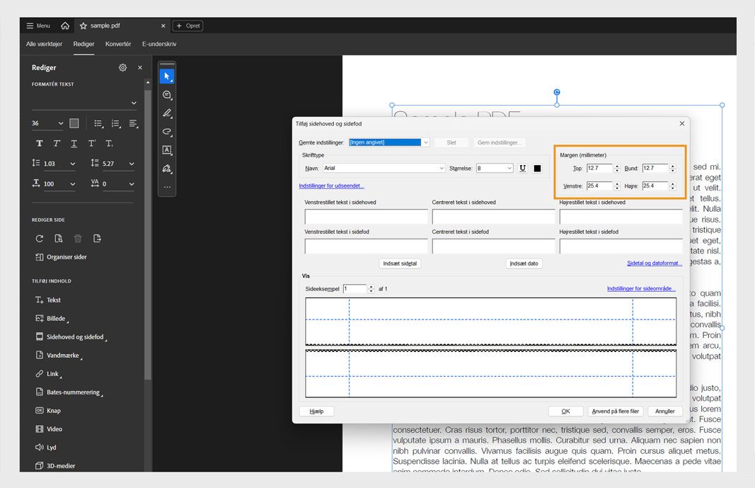 Dialogboksen Tilføj sidehoved og sidefod viser felter til tekst i sidehoved og sidefod, formateringsindstillinger og en live forhåndsvisning af sidelayoutet.