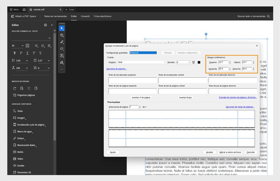 El cuadro de diálogo Añadir encabezado y pie de página muestra campos para el texto del encabezado y pie de página, opciones de formato y una vista previa en directo del diseño de la página.