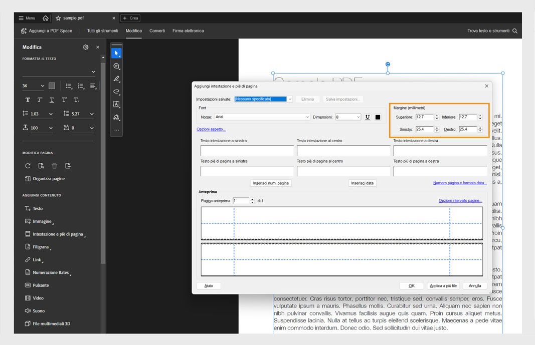 La finestra di dialogo Aggiungi intestazione e piè di pagina mostra i campi per il testo dell'intestazione e del piè di pagina, le opzioni di formattazione e un'anteprima in tempo reale del layout della pagina.