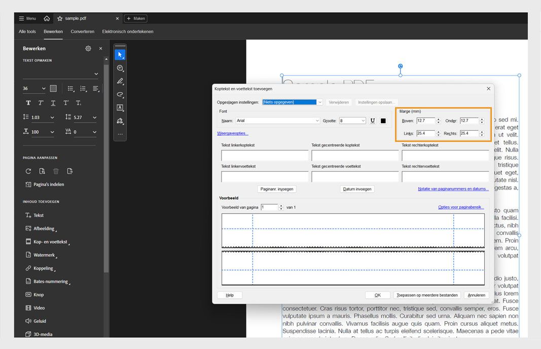 Dialoogvenster Koptekst en voettekst toevoegen met velden voor kop- en voetteksttekst, opmaakopties en een livevoorbeeld van de pagina-indeling.