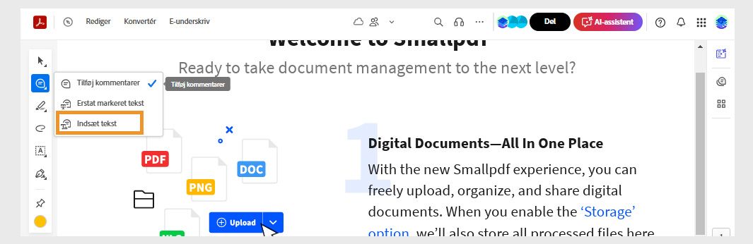 Værktøjet Tilføj kommentar på værktøjslinjen Hurtige handlinger er valgt, og værktøjet &quot;Indsæt tekst&quot; er fremhævet.