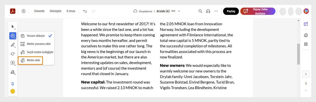 Hızlı Eylemler araç çubuğunda yorum ekleme aracı seçilir ve 'Metin ekle' aracı vurgulanır.