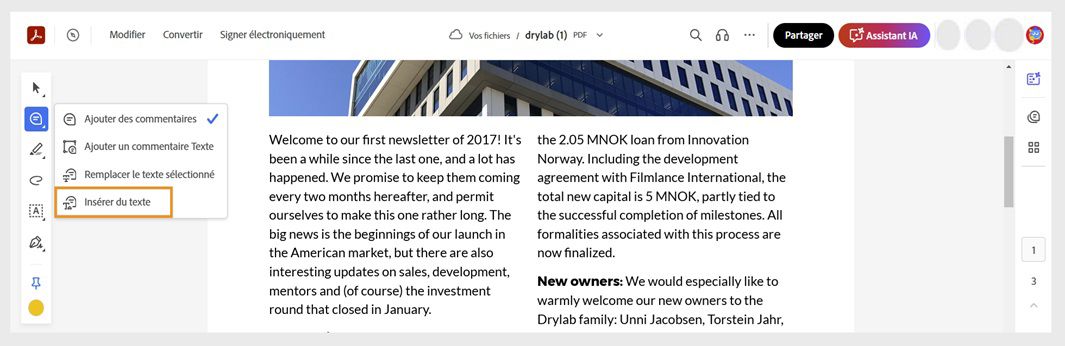 L’outil Ajouter un commentaire dans la barre d’outils Actions rapides est sélectionné, et l’outil Insérer du texte est mis en surbrillance.