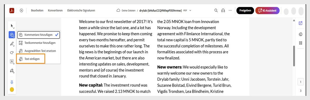 Das Werkzeug zum Hinzufügen von Kommentaren in der Symbolleiste für Schnellaktionen ist ausgewählt, und das Werkzeug zum Einfügen von Text wird hervorgehoben.
