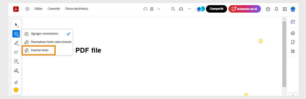 La herramienta Añadir comentario de la barra de herramientas de Acciones rápidas está seleccionada y la herramienta “Insertar texto” está resaltada.