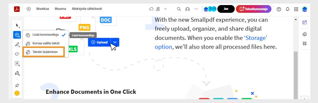 Lisää kommentti -työkalu on valittu Pikatoiminnot-työkalurivillä, ja Lisää tekstiä -työkalu on korostettuna.