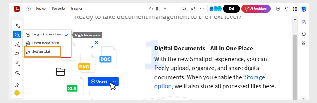 Legg til kommentarverktøy på hurtighandlingsverktøylinjen er valgt, og «Sett inn tekst»-verktøyet er uthevet.