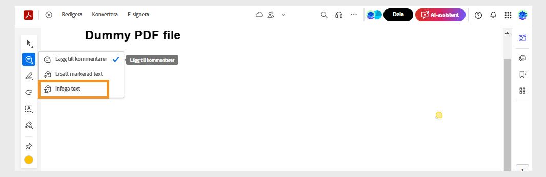 Verktyget Lägg till kommentar i verktygsfältet Snabbåtgärder är markerat och verktyget ”Infoga text” är markerat.