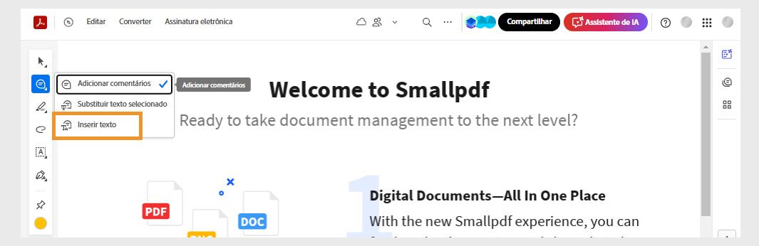A ferramenta Adicionar comentário na barra de ferramentas Ações rápidas é selecionada e a ferramenta “Inserir texto” é destacada.