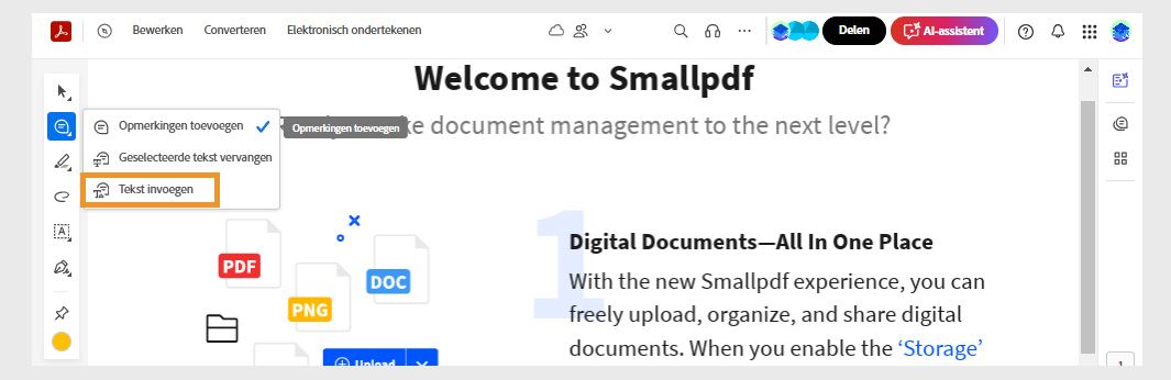 De tool Opmerking toevoegen op de werkbalk Snelle acties is geselecteerd, en de tool Tekst invoegen is gemarkeerd.