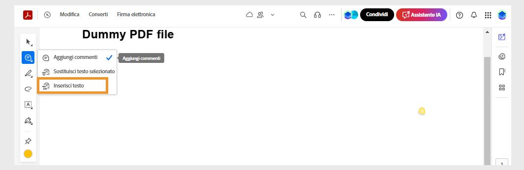 Barra degli strumenti Azioni rapide con lo strumento Aggiungi commento selezionato e lo strumento “Inserisci testo” evidenziato.