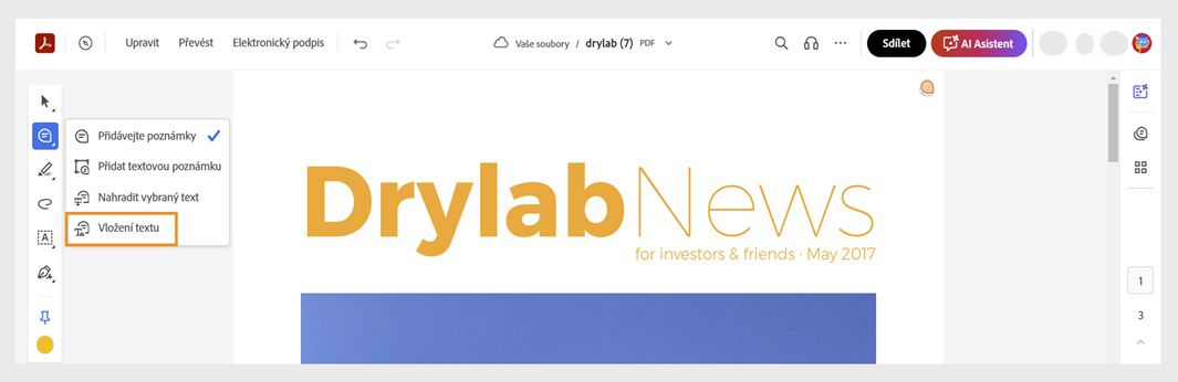 Na panelu nástrojů Rychlé akce je vybrán nástroj Přidat poznámku a zvýrazní se nástroj „Vložit text“.