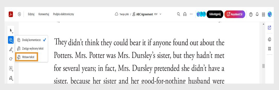 Na pasku narzędzi Szybkie operacje wybrane jest narzędzie Dodaj komentarz, a narzędzie „Wstaw tekst” jest podświetlone.