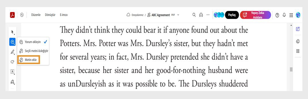 Hızlı Eylemler araç çubuğunda yorum ekleme aracı seçilir ve 'Metin ekle' aracı vurgulanır.