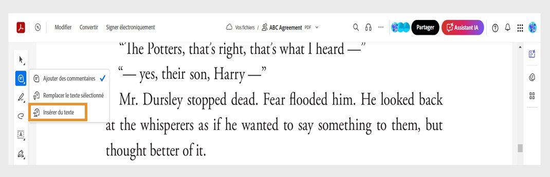 L’outil Ajouter un commentaire dans la barre d’outils Actions rapides est sélectionné, et l’outil Insérer du texte est mis en surbrillance.