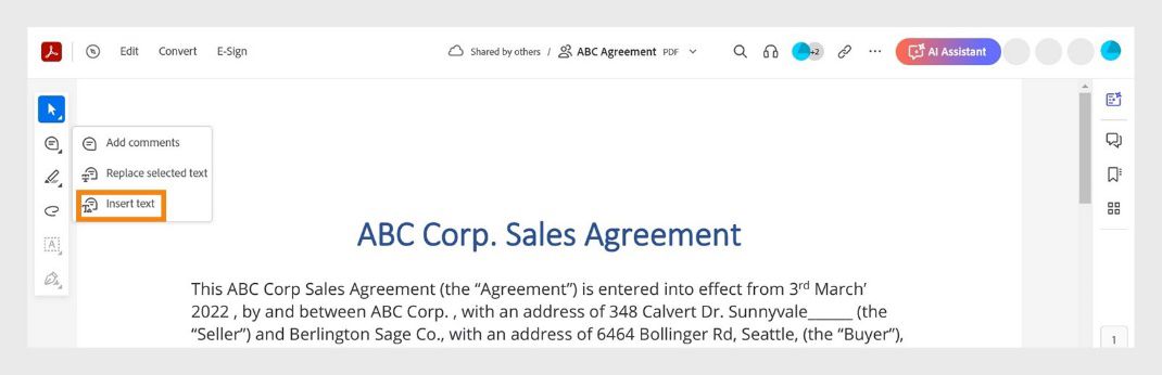 На панелі швидких дій вибрано інструмент «Додати коментар», а інструмент «Вставити текст» виділено.