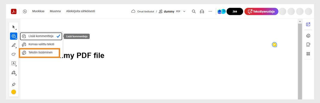 Lisää kommentti -työkalu on valittu Pikatoiminnot-työkalurivillä, ja Lisää tekstiä -työkalu on korostettuna.