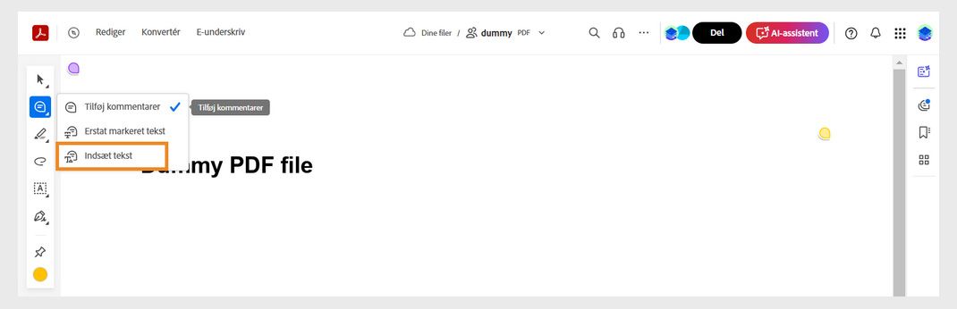 Værktøjet Tilføj kommentar på værktøjslinjen Hurtige handlinger er valgt, og værktøjet &quot;Indsæt tekst&quot; er fremhævet.