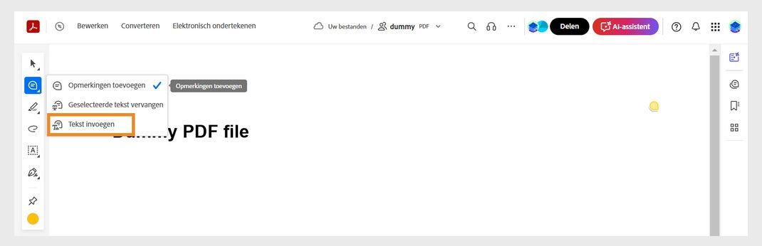 De tool Opmerking toevoegen op de werkbalk Snelle acties is geselecteerd, en de tool Tekst invoegen is gemarkeerd.