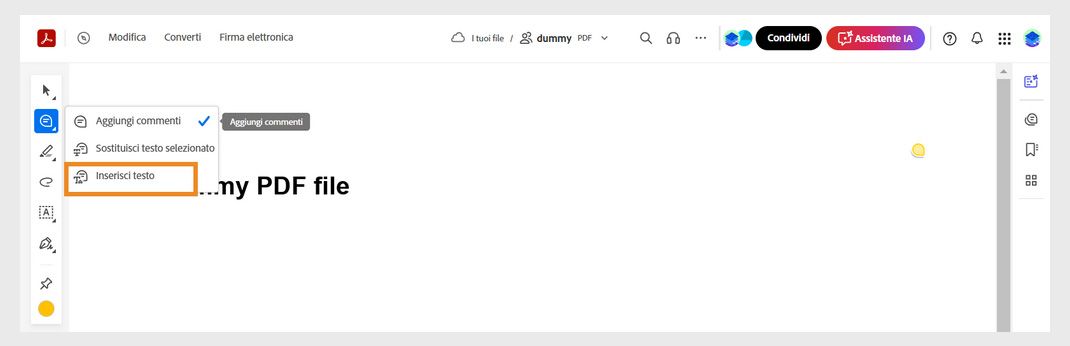 Barra degli strumenti Azioni rapide con lo strumento Aggiungi commento selezionato e lo strumento “Inserisci testo” evidenziato.