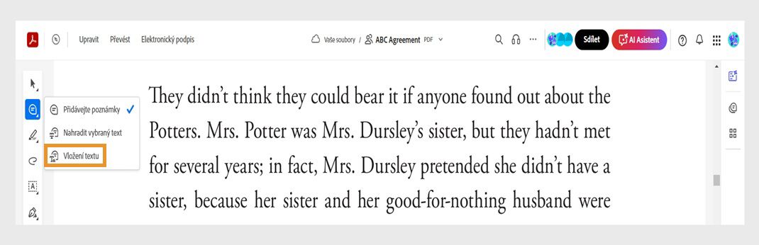 Na panelu nástrojů Rychlé akce je vybrán nástroj Přidat poznámku a zvýrazní se nástroj „Vložit text“.