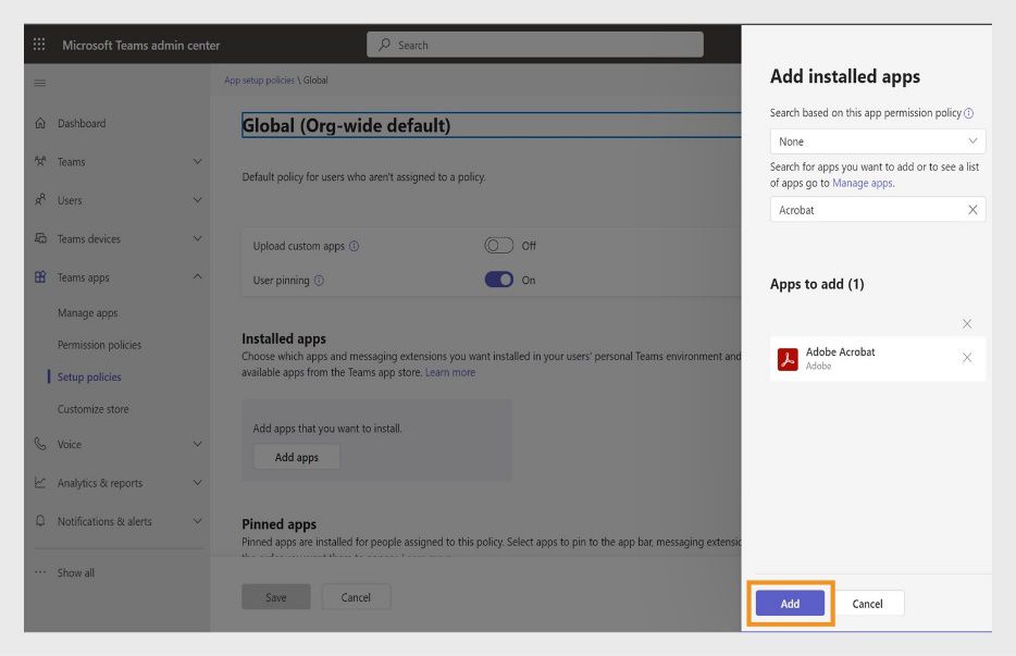 A jobb oldalon megjelenik a Telepített alkalmazás hozzáadása panel. Az Adobe Acrobat alkalmazás ki van választva, és a „Hozzáadás” gomb ki van jelölve.