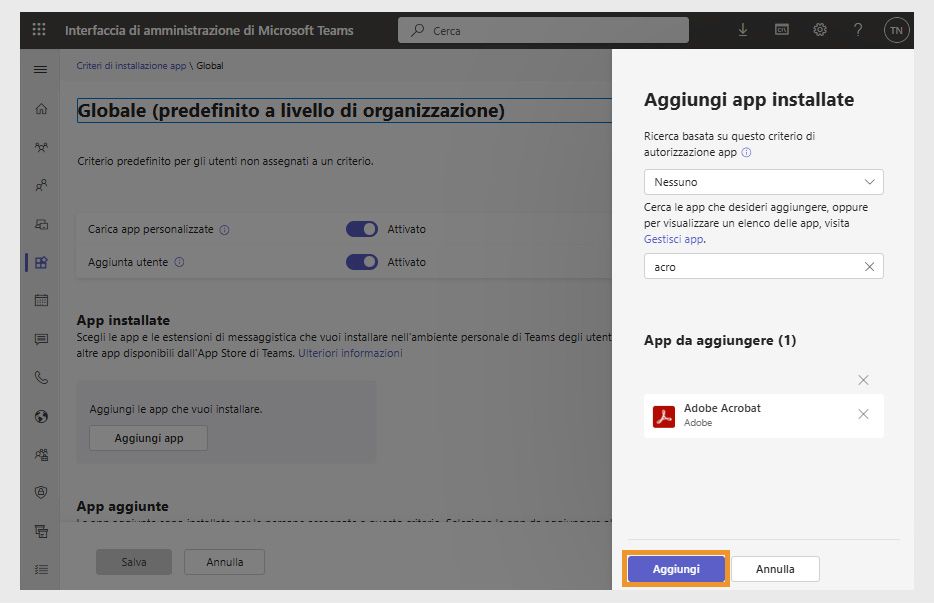 Aggiungi le visualizzazioni del pannello dell’app installata a destra. L’app Adobe Acrobat è selezionata e il pulsante “Aggiungi” è evidenziato.