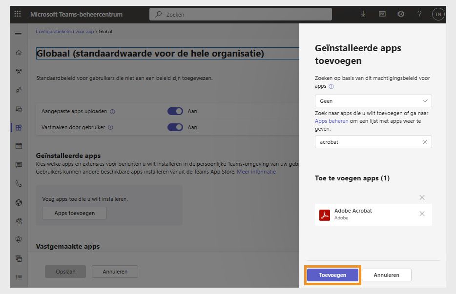 Het deelvenster Geïnstalleerde app toevoegen wordt aan de rechterkant weergegeven. De Adobe Acrobat-app is geselecteerd en de knop Toevoegen is gemarkeerd.