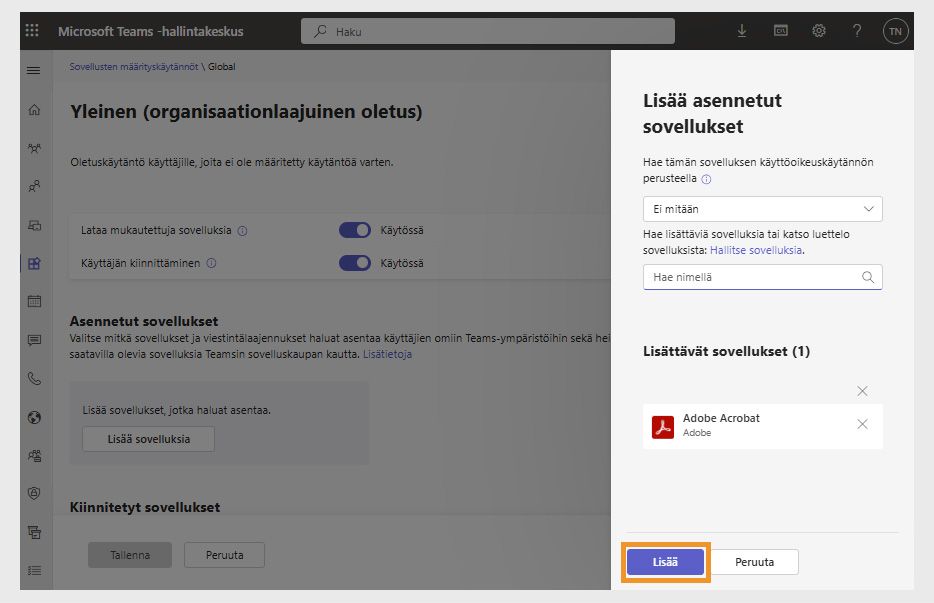 Asennettujen sovellusten lisäyspaneeli näkyy oikealla. Adobe Acrobat -sovellus on valittuna ja Lisää-painike on korostettu.