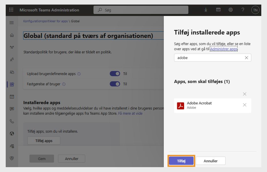 Tilføj installeret apppanel vises til højre. Adobe Acrobat-appen vælges, og knappen &quot;Tilføj&quot; fremhæves.