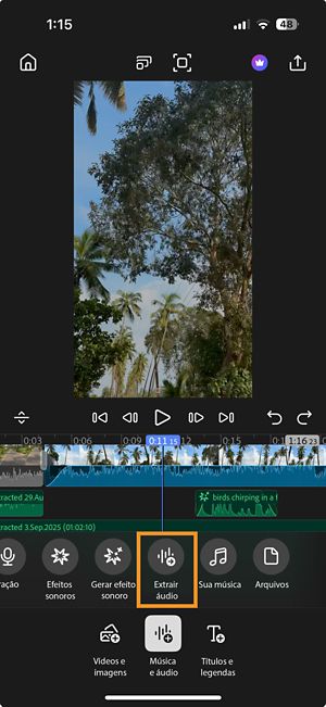 Painel do modo de adicionar com a opção “Extrair áudio” realçada em “Música e áudio”.