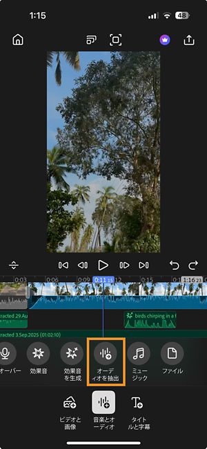 音楽とオーディオの下に「オーディオを抜き出す」オプションがハイライトされているモードパネルを追加します。