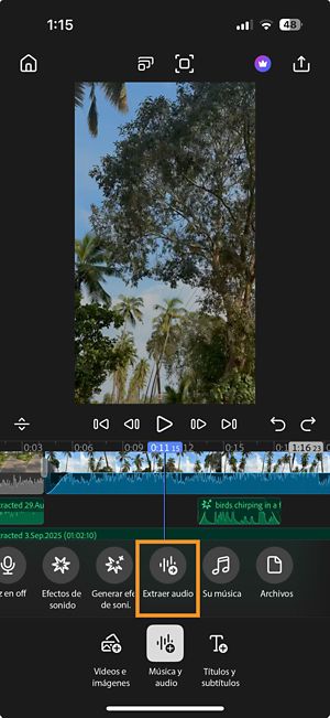 El panel del modo Añadir con la opción Extraer audio resaltada en Música y audio.