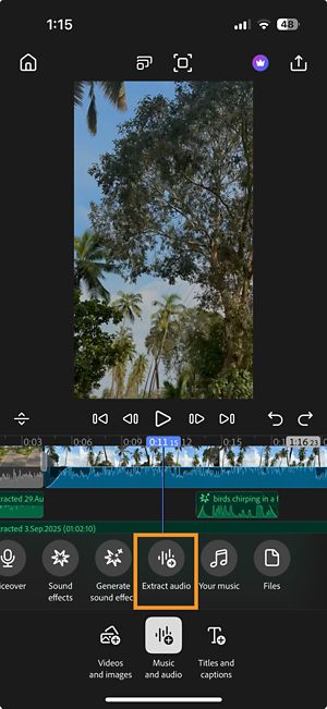 Add mode panel with the Extract audio option highlighted under Music and audio.
