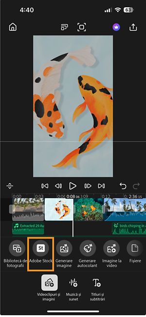 Modul Adăugare afișează opțiunea Adobe Stock evidențiată printre celelalte opțiuni pentru adăugarea de videoclipuri și imagini.