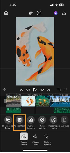 Modo de adicionar, mostrando a opção do Adobe Stock realçada entre outras opções de adição de vídeos e imagens.
