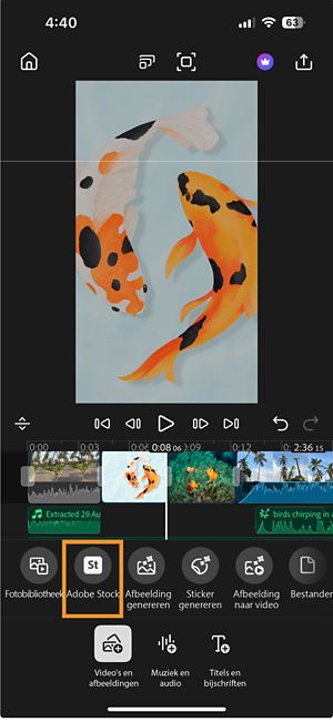 De modus Toevoegen waarin de Adobe Stock-optie is gemarkeerd tussen andere opties voor het toevoegen van video's en afbeeldingen.